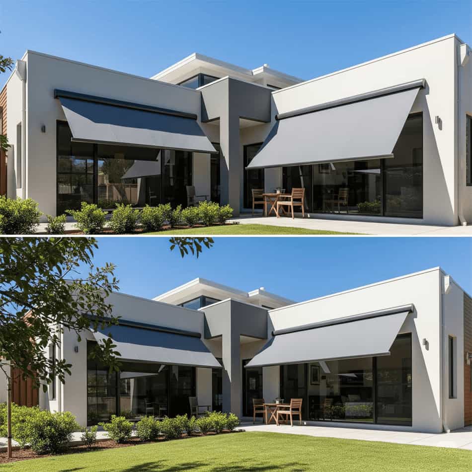 Modern home in Adelaide showcasing motorized aluminium awnings in both extended and retracted positions, demonstrating automated sun control and energy savings
