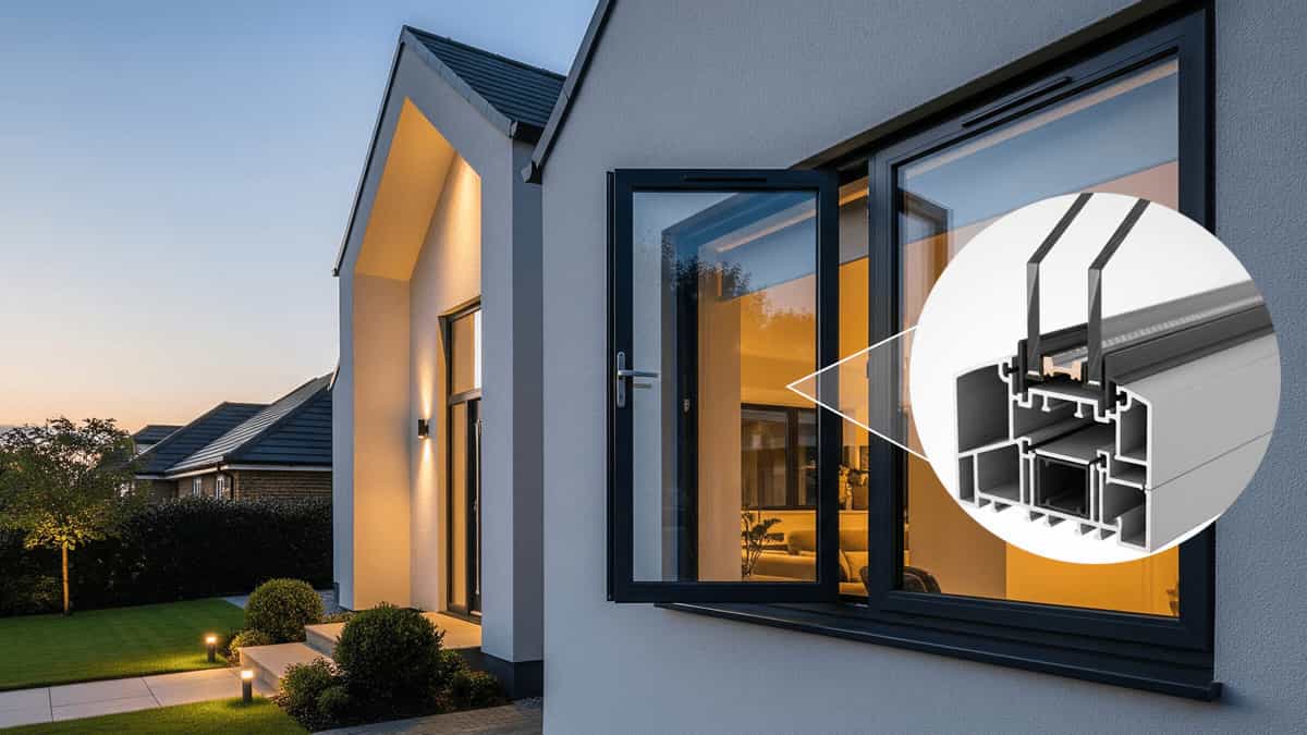 A detailed view of an open modern black-framed aluminum window in an Australian home, with an inset cutaway showing the thermal break and double glazing construction, emphasizing energy efficiency.