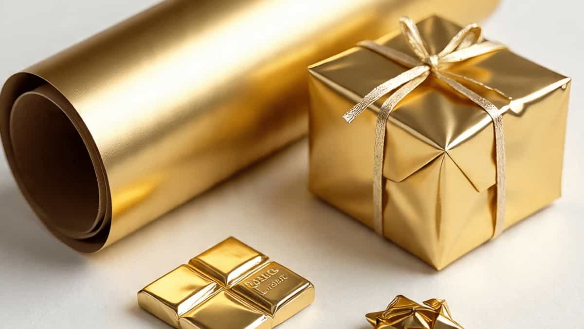 Roll of shiny gold aluminium foil with a gold-wrapped gift and chocolate, highlighting its uses in Australia.