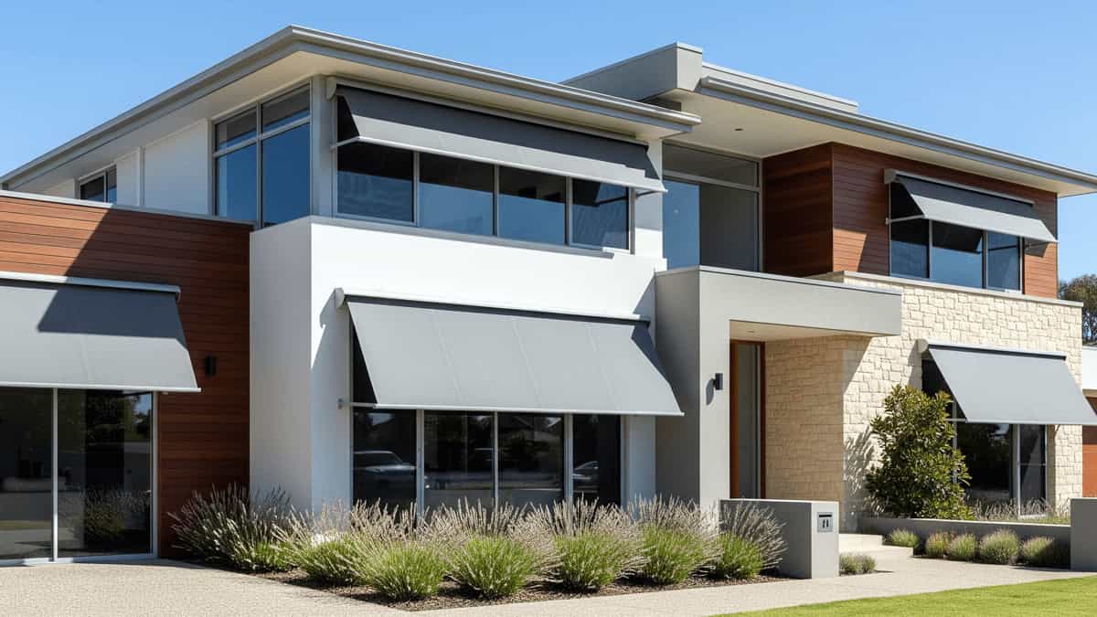 Modern Australian home with grey external window awnings designed for energy efficiency and sun protection in a sunny climate.