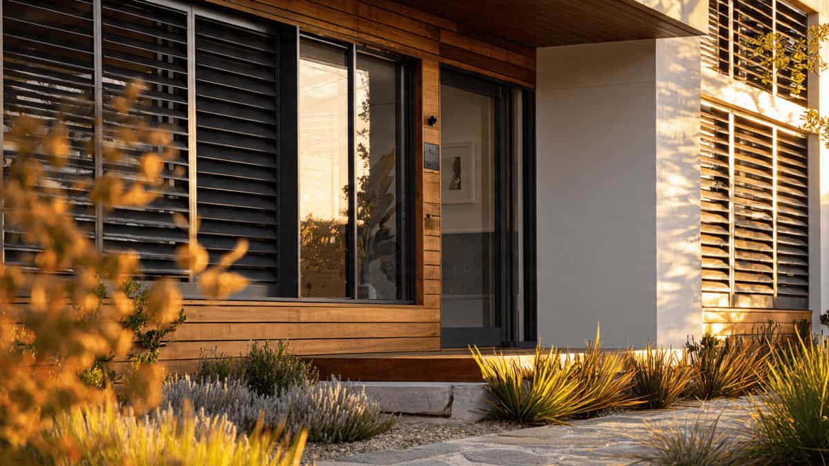 Dark grey aluminium plantation shutters on a modern Australian house facade with timber cladding and glass doors, used for sun and heat control.