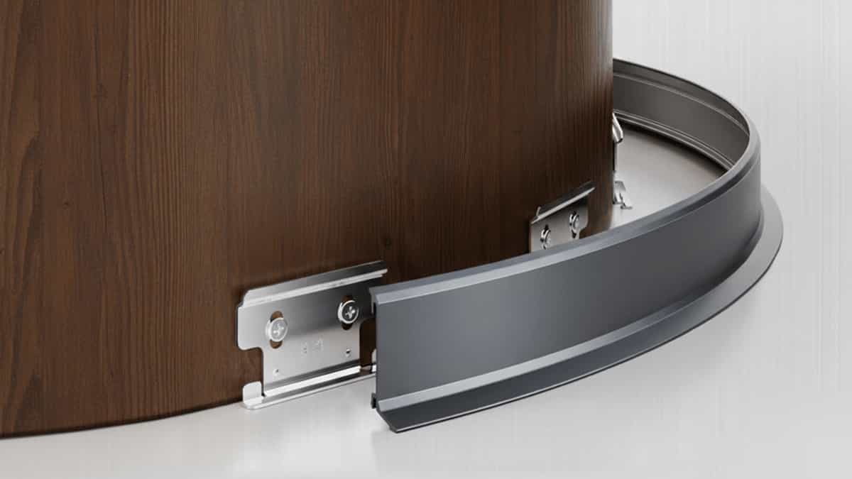 Precision aluminium skirting board installed seamlessly around a curved architectural wall or round column, highlighting versatility for modern Australian design.